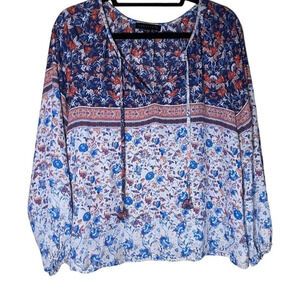 Sanctuary Women's Sheer Long Sleeve Bohemian Floral Peasant Pom Pom Top Size XS